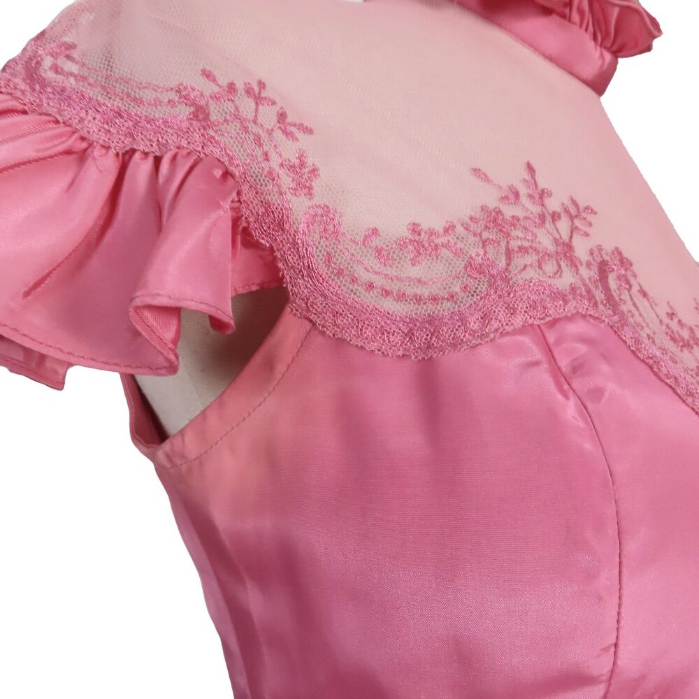 Vintage 70s 80s Pink Ruffle Sleeve Neck Taffeta Prom Gown Party Prom Dress S M - Picture 14 of 14